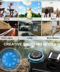 Creative shooting modes display on 6K 64MP Digital Camera With Flip Screen And Dual Lens For Photography And Vlogging Microphone For Video 64GB Card Built In WiFi Compact Travel Kit For YouTube Beginners