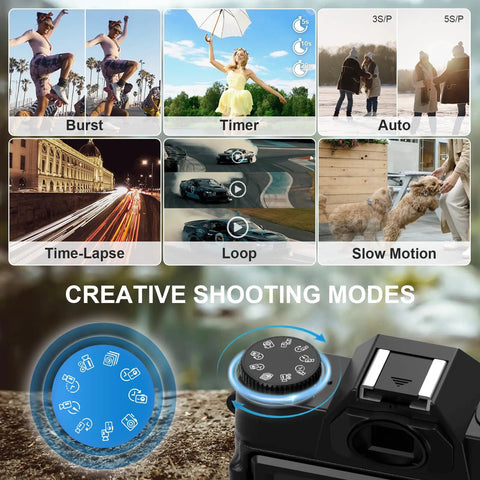 Creative shooting modes display on 6K 64MP Digital Camera With Flip Screen And Dual Lens For Photography And Vlogging Microphone For Video 64GB Card Built In WiFi Compact Travel Kit For YouTube Beginners