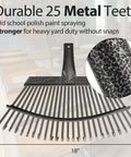 Heavy Duty Leaf Rake With An 18 Inch Wide Metal Head And 25 Tines Extendable 30 To 61 Inch Long Handle Rustproof Skidproof Yard Rake
