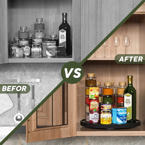 Your Go To Non Skid Bamboo Lazy Susan Turntable For Kitchen Countertops And Tables 13.2 Inch Wood Organizer In Black before after use