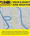 Non-marking rubber blue kink resistant pressure washer hose on concrete surface.