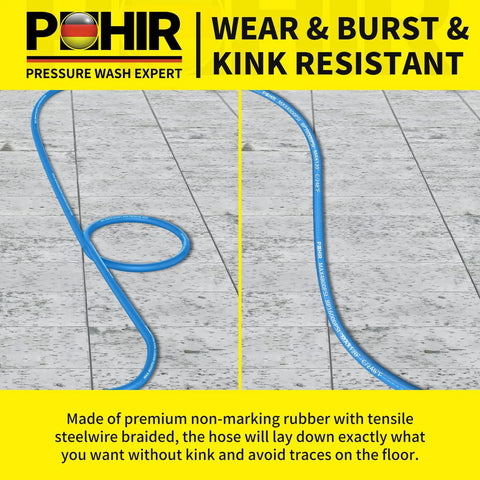 Non-marking rubber blue kink resistant pressure washer hose on concrete surface.