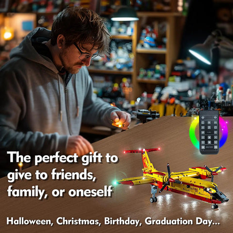Person setting up the Lit LED Lighting Kit For Lego Firefighter Aircraft 42152 Light Up Your 42152 Model, remote control visible