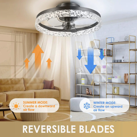 24-Inch Low Profile Ceiling Fan With Light Bladeless Flush Mount Remote And App Control with reversible blades in living room