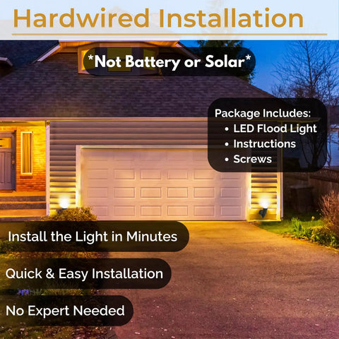 LED Outdoor Flood Light 10W Hardwired Spotlight illuminating garage with text on installation details, warm white glow