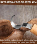 Curved high-carbon steel blade of Right Handed Spoon Carving Hook Knife, designed for smooth hollowing of wooden bowls.
