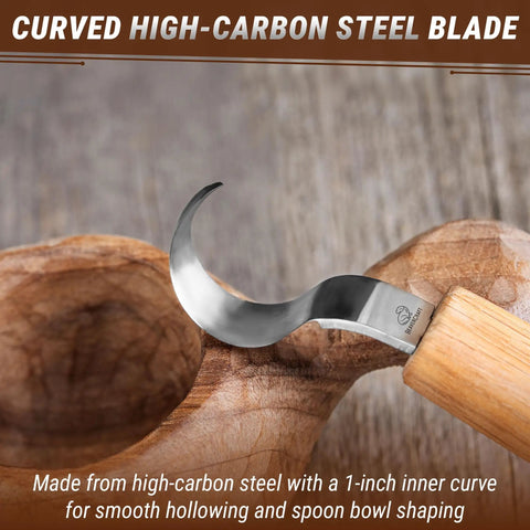 Curved high-carbon steel blade of Right Handed Spoon Carving Hook Knife, designed for smooth hollowing of wooden bowls.