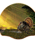 Solid Oak Turkey Display Kit With Sunrise Call Image showing turkey and sunrise, hardwood mount, wall-mounted 15x8x1.63 inches.