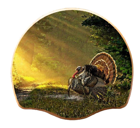 Solid Oak Turkey Display Kit With Sunrise Call Image showing turkey and sunrise, hardwood mount, wall-mounted 15x8x1.63 inches.