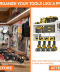 Comparison of messy tool space and organized Power Tool Organizer Wall Mount 3 Layer Heavy Duty Cordless Tool Organizer with 4 drill hangers.