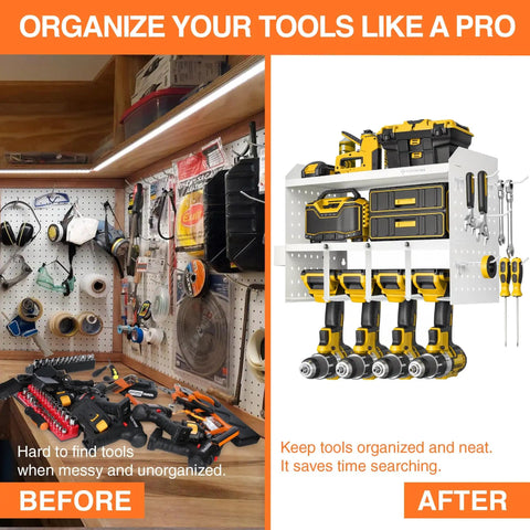 Comparison of messy tool space and organized Power Tool Organizer Wall Mount 3 Layer Heavy Duty Cordless Tool Organizer with 4 drill hangers.