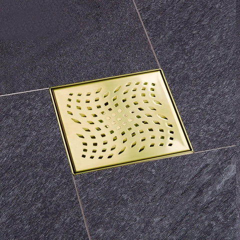 Gold Brushed Square Shower Drain With Flange 6 Inch Stainless Steel 304 Floor Drain For Shower With Removable Hair Strainer
