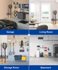 360 Degree Rotating Bamboo Fishing Rod Holder Floor Stand in garage, living room, storage room, and basement settings.