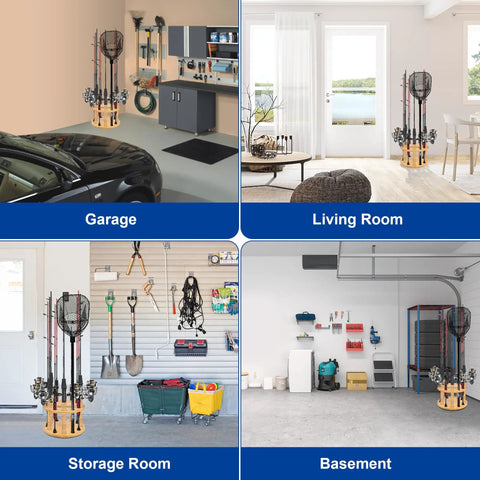 360 Degree Rotating Bamboo Fishing Rod Holder Floor Stand in garage, living room, storage room, and basement settings.