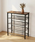 Boss-Level Five-Tier Industrial Shoe Rack With Metal Mesh Shelves, rustic brown and black, placed in room corner