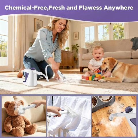 Portable Handheld Steam Cleaner And Detail Steamer For Cars And Tile Floors, high pressure grime buster in action on carpet.