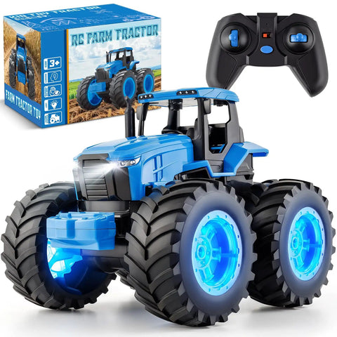 Remote Control Monster Tractor Toy With Glowing Rubber Tires, 2 4GHz RC Tractor For Boys Aged 3 4 5 6 7 with controller and box