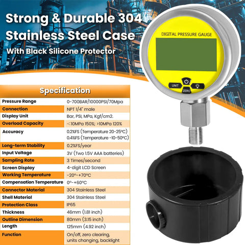 Heavy Duty 10000 PSI Digital Hydraulic Pressure Test Kit With Gauge, featuring a silicone protector and stainless steel case.
