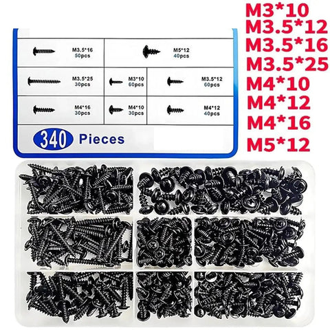 340-Piece Cross Head Self-Tapping Screws Kit With Washers, Carbon Steel M3 M3.5 M4, Phillips Drive, visible assortment