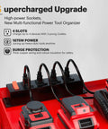 Heavy Duty Wall Mounted Power Tool Organizer With Integrated Charging Station And Six Outlet Strips showing power sockets and battery chargers.