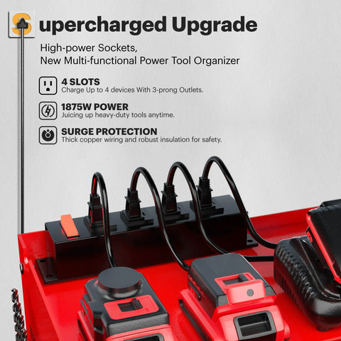 Heavy Duty Wall Mounted Power Tool Organizer With Integrated Charging Station And Six Outlet Strips showing power sockets and battery chargers.