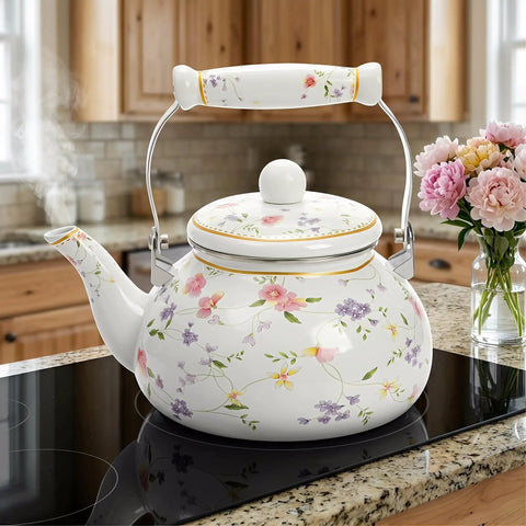 Vintage Floral Enamel Tea Kettle 2.6 Quart With Porcelain Handle For Stovetop Kitchen Camping And Home Gifts Perfect For Housewarming Wedding Bridal Shower Mothers Day Non Toxic Durable Fast Heating And Rust Resistant, displayed on a modern kitchen stovetop with floral design.