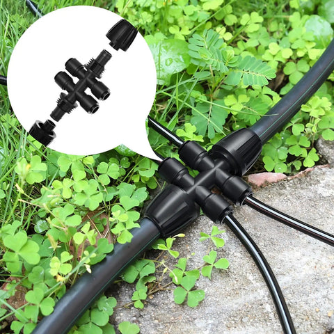 Installed Four Pack 1/2 To 1/4 Inch Barbed Tee Quick Connectors For Drip Irrigation, 4 Way Splitter Fittings in garden