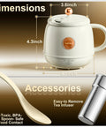 14 Oz Travel Electric Kettle With Rapid Heating To 212 Degrees Fahrenheit Temperature Control Mug Warmer showcasing dimensions and accessories