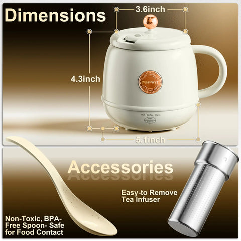 14 Oz Travel Electric Kettle With Rapid Heating To 212 Degrees Fahrenheit Temperature Control Mug Warmer showcasing dimensions and accessories