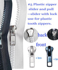 12 Pack Zipper Pull Replacement Kit Size 5 With Locking Sliders Top And Bottom Stops For Coats And Jackets On Metal Plastic And Nylon Coil Zippers Quick Fix showing black and white sliders for plastic tooth zippers.