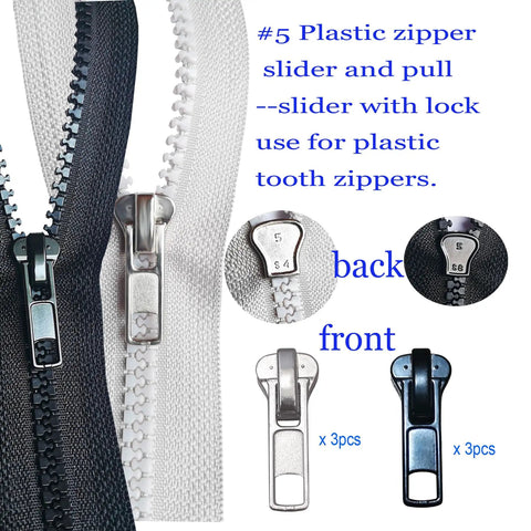 12 Pack Zipper Pull Replacement Kit Size 5 With Locking Sliders Top And Bottom Stops For Coats And Jackets On Metal Plastic And Nylon Coil Zippers Quick Fix showing black and white sliders for plastic tooth zippers.