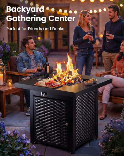 28 Inch Propane Fire Pit Table With 50,000 BTU Heat For Backyard Parties On Patio Deck Garden CSA Listed Outdoor Fire Pit With Lid And Lava Rock Steel Gas Pit For Epic Backyard Hangouts In Black. Visible surrounded by friends enjoying drinks and conversation in an outdoor setting.
