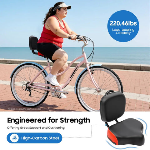 Wide Bike Seat With Backrest For Ride Ready Comfort On Trikes And Bicycles, Extra Wide Universal Fit With Adjustable Height, Durable Poly Foam And Steel Construction, Waterproof And Rugged, Ideal Seat Upgrade For Exercise Bikes And Everyday Rides, rear view on bike