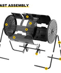 Exploded view of 43 Gallon Dual Chamber Tumbler Compost Bin for Outdoor Gardens showing assembly parts and structure.