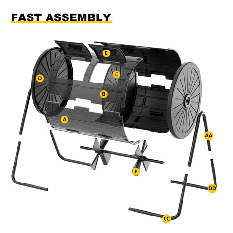 Exploded view of 43 Gallon Dual Chamber Tumbler Compost Bin for Outdoor Gardens showing assembly parts and structure.