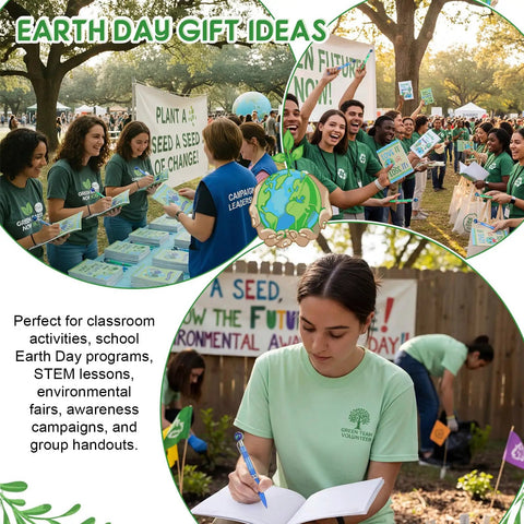 Earth Day Gift Bundle With Nine A5 Notebooks And Nine Globe Pens In Blue And Green used for school activities and environmental fairs.