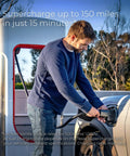 Unlock Access To Over Twenty Five Thousand Tesla Superchargers With This Hella Compatible NACS To CCS Electric Vehicle Adapter Delivering Five Hundred Amps One Thousand Volts For Serious Fast Charging On Your Next Road Trip, man charging EV.