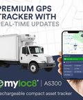 Keep Your Gear Locked Down With This Rugged GPS Asset Tracker All Week Battery Life Real Time Location Updates Via Smartphone App For Trucks Cars And Equipment Security, showing a white delivery truck and smartphone app interface.
