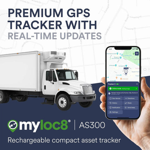 Keep Your Gear Locked Down With This Rugged GPS Asset Tracker All Week Battery Life Real Time Location Updates Via Smartphone App For Trucks Cars And Equipment Security, showing a white delivery truck and smartphone app interface.