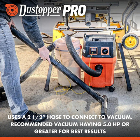 Low Profile Dust Separator Pro Grade For Your Shop Vacuums With High Flow 90 Degree Sweep Elbows And Connection Hose Fits Standard 5 Gallon Buckets Made In USA in use with shop vacuum and sawdust on floor