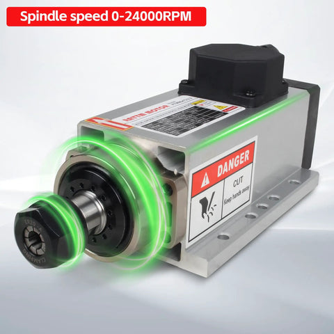 Close-up of Square Two Point Two Kilowatt 220V Air Cooled CNC Spindle Motor Kit with VFD Drive for CNC Router, front view.