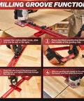 Pro Grade 4 In 1 Router Milling Groove Bracket for woodworking showing setup on wooden planks with instructions