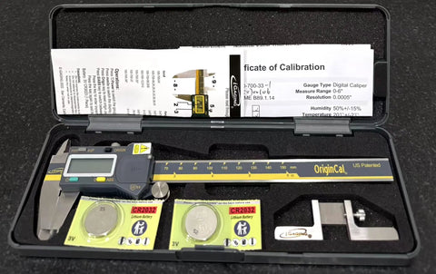Absolute Origin 0 To 6 Inch Digital Caliper Pro Grade With Depth Base IP54 Stainless Steel SPC USB Output Fraction Reading Case Manual Battery Included Includes Protective Carry Case And Spare Battery displayed with calibration certificate and spare batteries