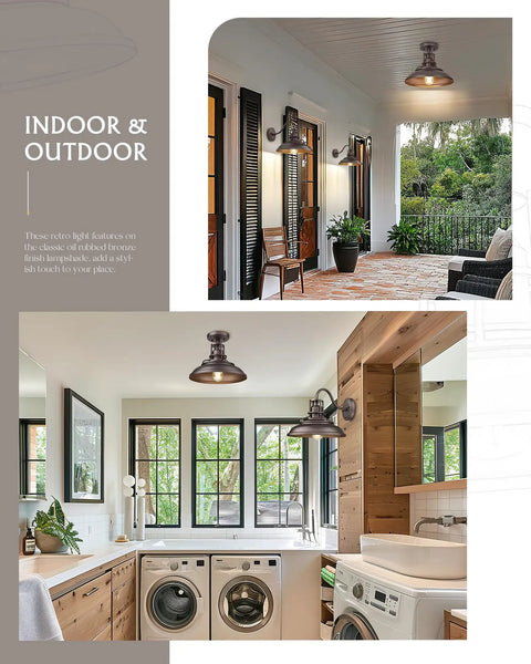 One Light Semi Flush Mount Outdoor Ceiling Light In Oil Rubbed Bronze Finish Vintage Industrial Farmhouse Style Fixture shown installed in hallway and laundry room.