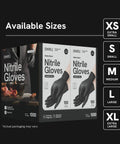 Box of black nitrile gloves with available sizes XS to XL, featuring glove images, highlighting Black Nitrile Disposable Gloves X Small 100 Count.