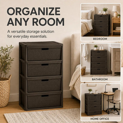 Wide 4 Drawer Plastic Storage Tower With Smooth Glide Removable Bins, Brown Cross Weave Decorative Organizer A Total Game Changer For Bedroom Closet Decluttering And Home Tidy Up