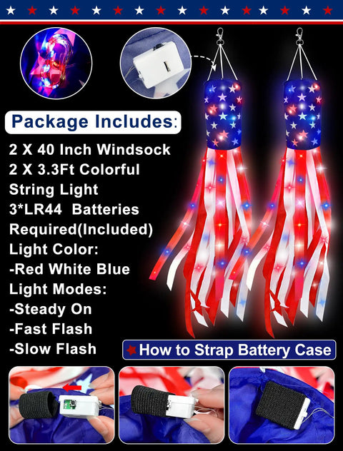 Patriotic 2 Pack 40 Inch American Flag Windsocks With Lights For Fourth Of July; features LED lighting and battery details.