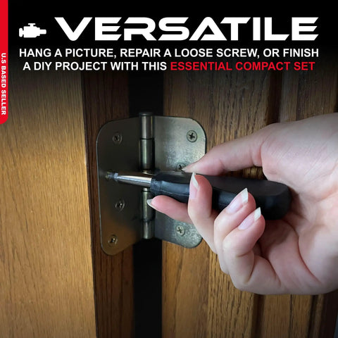 Hand using compact screwdriver on door hinge from Tri Fold Mini Tool Set For Dorm Room And Travel 25 Piece Pocket Home Repair Kit In Case Lightweight And Compact Diy Essentials For Quick Fixes At Home Office Or On The Go