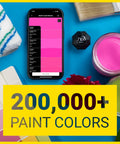 Portable Color Sensor And Color Matcher Tool With 300000 Plus Paint Library For Instant RGB Hex And CMYK Values Dust Debris And Splash Resistant IPX4 So You Can Quick Match Paint On Any Surface Like A Pro next to paint samples and brush.
