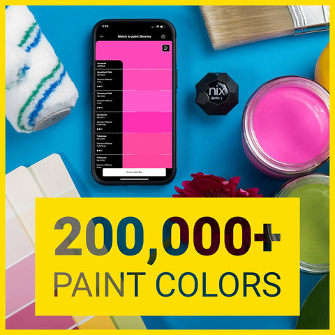 Portable Color Sensor And Color Matcher Tool With 300000 Plus Paint Library For Instant RGB Hex And CMYK Values Dust Debris And Splash Resistant IPX4 So You Can Quick Match Paint On Any Surface Like A Pro next to paint samples and brush.